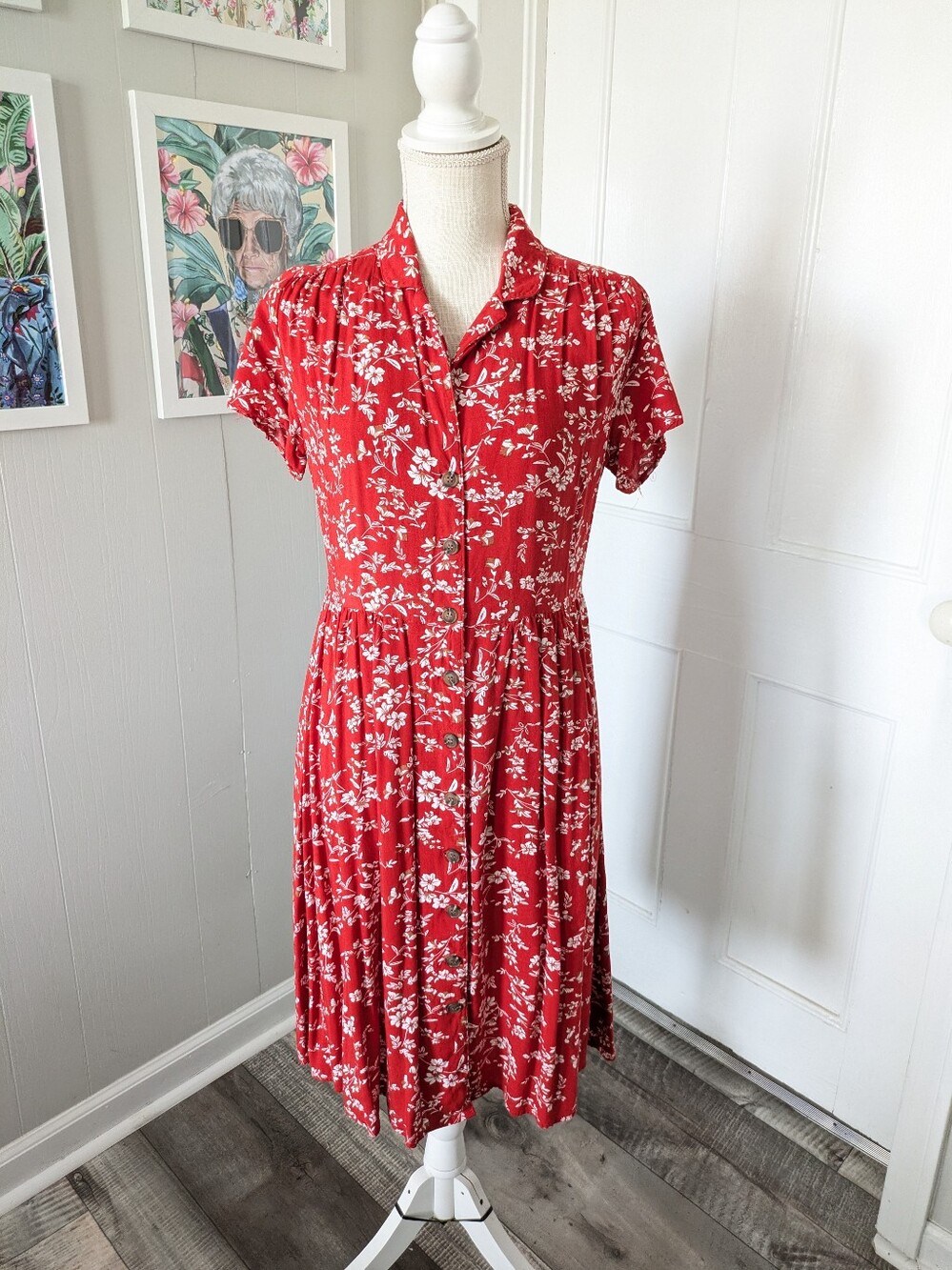Indigo Rose Red Floral Dress Button Up Cottagecore Midi Dress